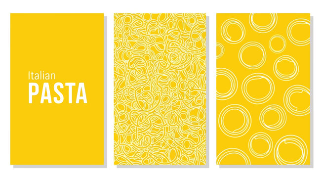 Set of three vector backgrounds with italian pasta patterns, spaghetti and calamari rings, yellow and white design