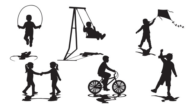 Black silhouette children playing, kids outdoor activities, playground fun, vector icons