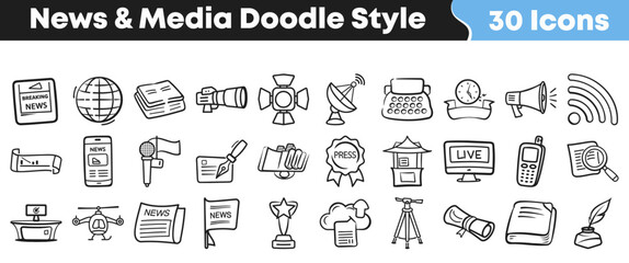 Collection of diverse hand drawn doodle style news and media icons isolated on a plain white background for graphic design © Vectoravec