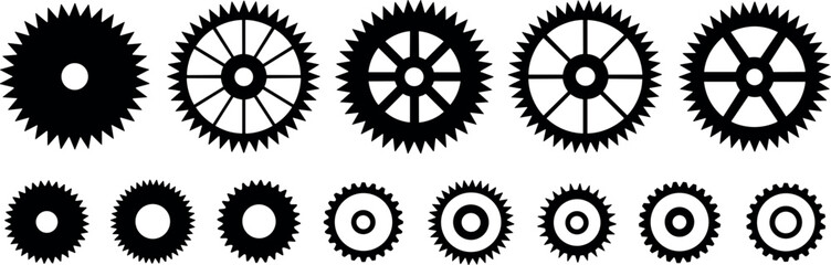Obraz premium Gear wheel icons set, cogwheel mechanical symbols, industrial engineering elements, machine parts illustration, rotation technology graphics, black silhouette design collection