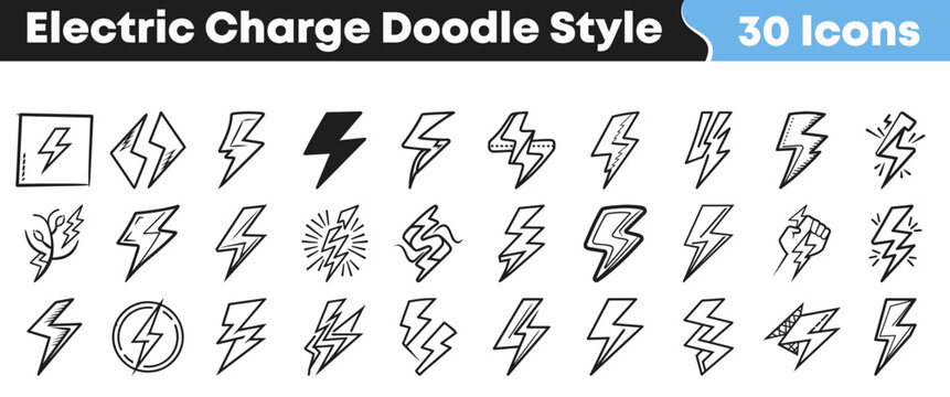 A comprehensive collection of thirty hand-drawn electric charge and lightning bolt icons rendered in a charming doodle style for various design projects.