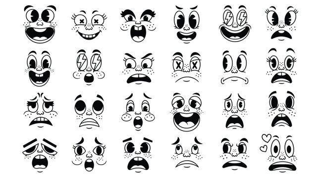 Set of vintage cartoon faces with various emotions, rubber hose style characters, retro 1930s animation expressions