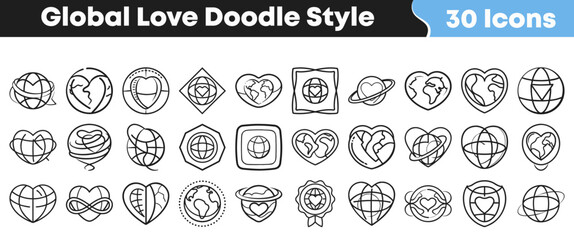 A charming collection of 30 global love doodle icons featuring hearts and earth globes for international affection. © Vectoravec