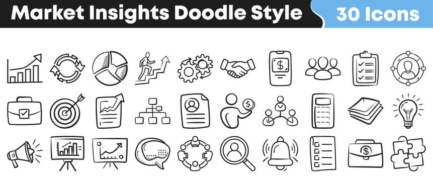 Hand drawn collection of thirty different market insights icons featuring business strategy charts finance analytics and professional growth doodle designs