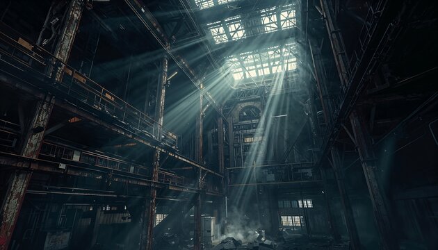 Cinematic Post-Apocalyptic Nuclear Facility Interior with Volumetric Lighting