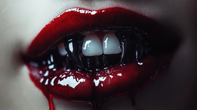 Sexy Vampire Woman lips with blood,Dripping blood on mouth, witches or beast creatures,female lips with fangs,horror holiday monsters,Vampire makeup Fashion Art design,Halloween banner background.