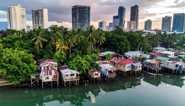 Coastal shacks abut a city, trees between. Houses on stilts