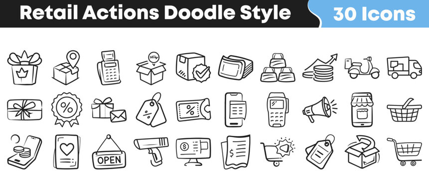 Collection of various retail and shopping hand drawn icons featuring delivery boxes payments discounts and diverse commercial business related items