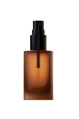 Naklejka premium Brown cosmetic glass bottle with a black pump dispenser spray top on transparent background