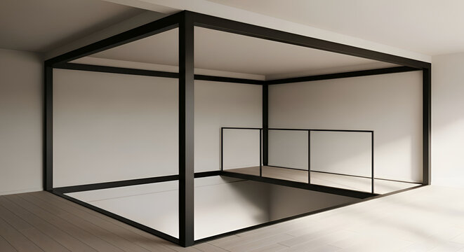 Interior architectural rendering of an open minimalist cube structure in a bright airy room showcasing modern design with geometric black frames
