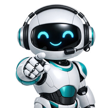 Cute 3D AI Robot Mascot with Headset Pointing at Camera, Friendly Virtual Assistant and Customer Support Bot Character, Isolated on Transparent Background