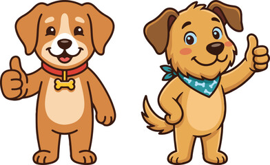 Fototapeta premium Cute cartoon dog characters giving thumbs up, featuring friendly brown puppies with collars and bandanas in a cheerful vector illustration style.
