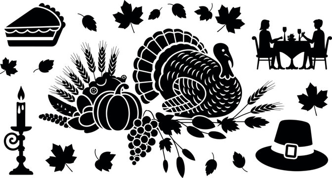 Thanksgiving harvest illustration with turkey pumpkin wheat leaves pie candle pilgrim hat autumn seasonal festive dinner decoration clipart design