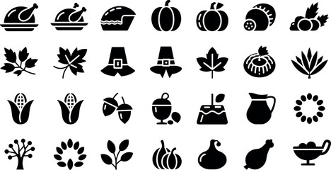 Thanksgiving icon set with turkey pumpkin leaves pie harvest symbols black silhouette collection festive autumn holiday vector illustration bundle © PROTAP