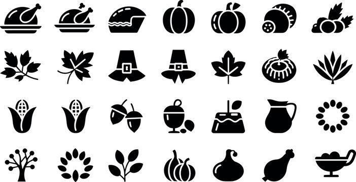 Thanksgiving icon set with turkey pumpkin leaves pie harvest symbols black silhouette collection festive autumn holiday vector illustration bundle
