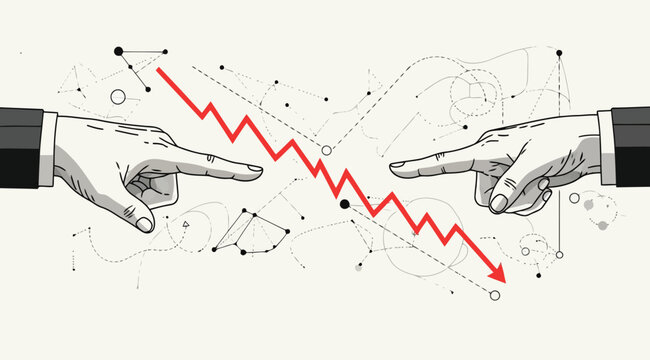 Business hands pointing at a red downward trend line graph