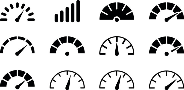 Speedometer gauge icons set, performance meter dashboard symbols, fuel level indicator, tachometer vector, automotive UI elements, minimal black design