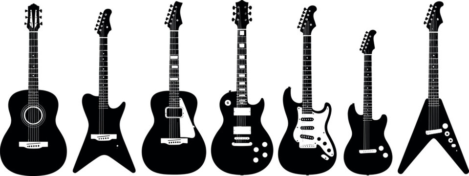 Guitar silhouettes collection with acoustic and electric instruments, music icon set, rock band gear, string instruments vector illustration bundle