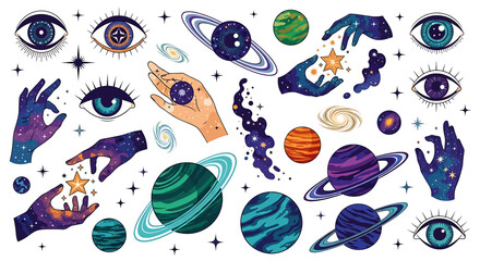 Eyes and hands holding planets and stars. © Agung