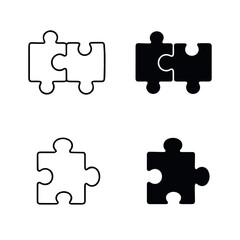 Fototapeta premium Black silhouette icons of puzzle pieces connected and single representing unity problem solving and creative solutions