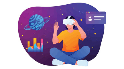 Fototapeta premium Person wearing virtual reality headset exploring digital space with planet and data visualization