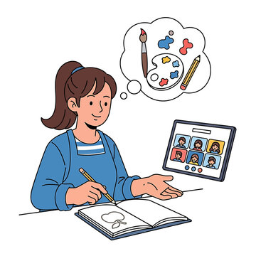 Young girl learning digital art online.