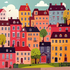  Conjunto de casas coloridas en estilo europeo con arquitectura compacta. 