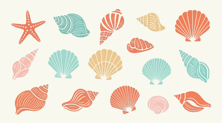 Set of various sea shells and starfish, hand drawn vector illustration of marine life elements © Saharia