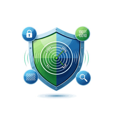 Shield with security icons and radar.