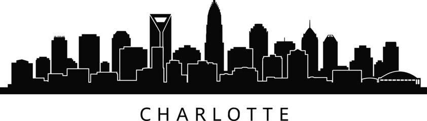 Fototapeta premium Charlotte city skyline silhouette vector illustration with modern urban buildings architecture downtown cityscape design for travel and USA landmark graphics