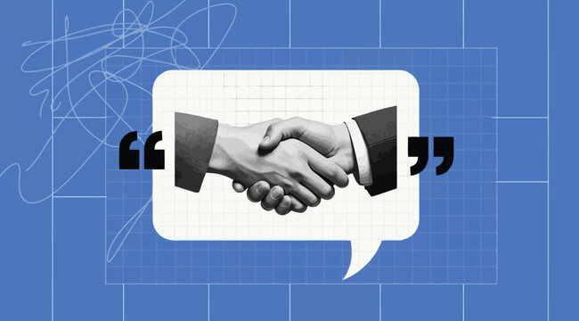 Business handshake illustration inside a speech bubble on a blue grid background