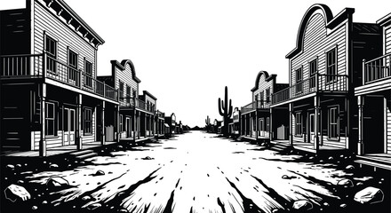 Wild west town street illustration with vintage buildings desert road cactus frontier landscape black and white vector design © MdTohidul