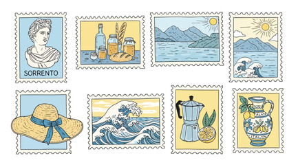 Set of vintage postage stamps featuring italian travel themes including sorrento statue, mediterranean landscapes, coastal waves, summer hat, moka pot, and traditional lemon ceramic pitcher © Saharia