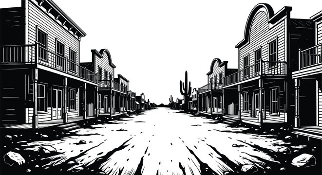 Wild west town street illustration with vintage buildings desert road cactus frontier landscape black and white vector design