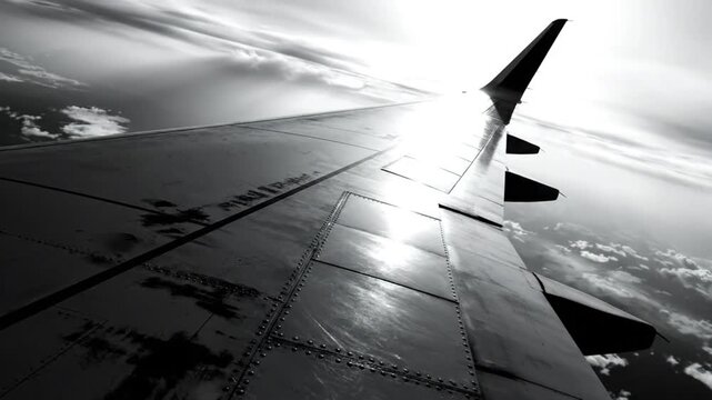 Black and White Perspective From Airplane Wing Against a Cloudy Sky During Flight Journey