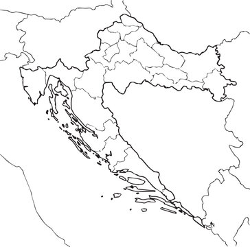 Black and white vector outline map of Croatia showing national borders, regional divisions, and coastal islands in a clean minimalist style.
