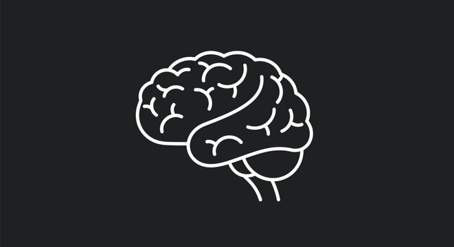 Simple White Outline of a Human Brain on Black Background.