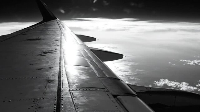Black and white view of airplane wing and sky from inside the plane with sunlight reflection