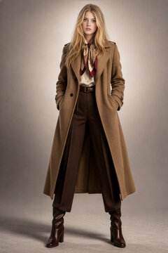 Elegante junge blonde Frau in braunem Wollmantel mit Seidenschal und Stiefeln vor neutralem Hintergrund