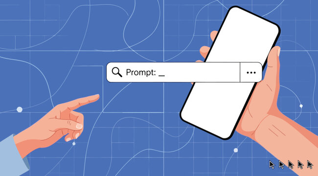 Hand holding a smartphone with a search bar prompt on a blue digital background