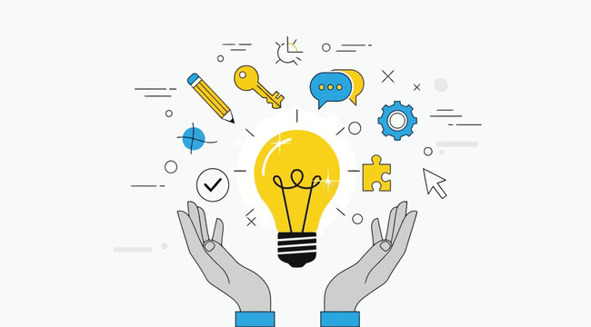 Creative idea concept with light bulb and icons of business strategy, innovation, and problem solving