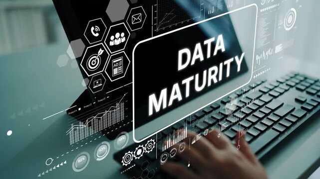 Data Maturity Concept with Digital Interface and Charts in Modern Office Environment. Asymptotic smart data analytic.