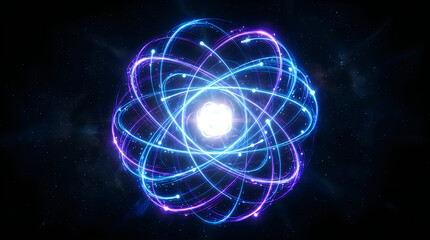 Obraz premium Glowing atom model with blue and purple electron orbits in space
