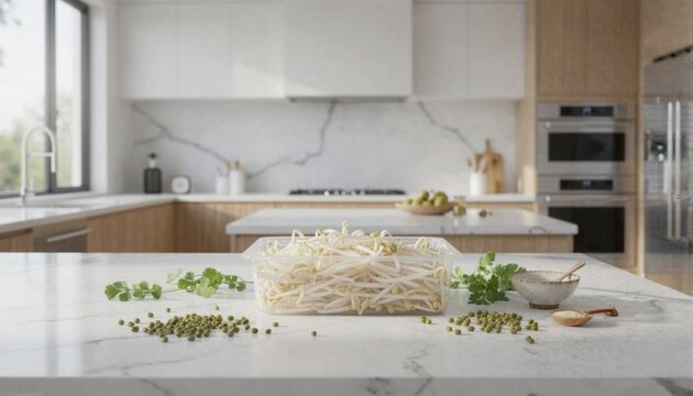 Fresh bean sprouts in clear tray on marble