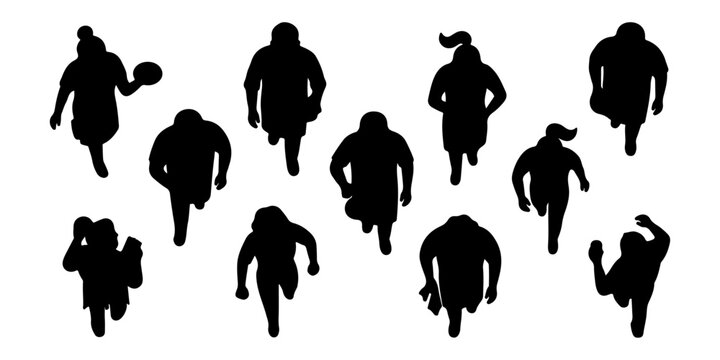 Top View Waiter and Cafe Staff Silhouette Vector Set, Black Overhead Service Figures for Restaurant Floor Plans and Architectural Site Mapping