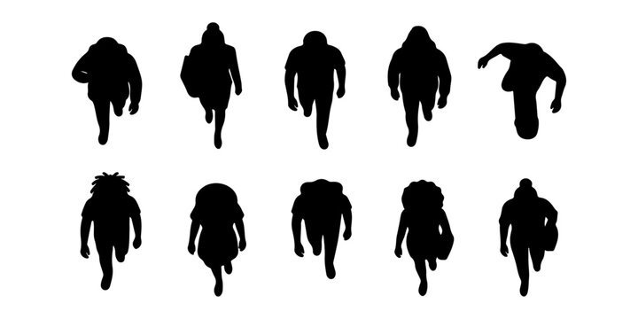 Top View Walking People Silhouette Set, Overhead Crowd Black Figures Collection, Urban Pedestrians Entourage for Architecture Plans and City Scene Design