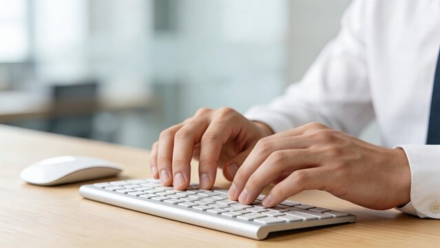 Professional hands typing on computer keyboard business executive working at office desk close up of man using technology for data entry corporate job modern workplace