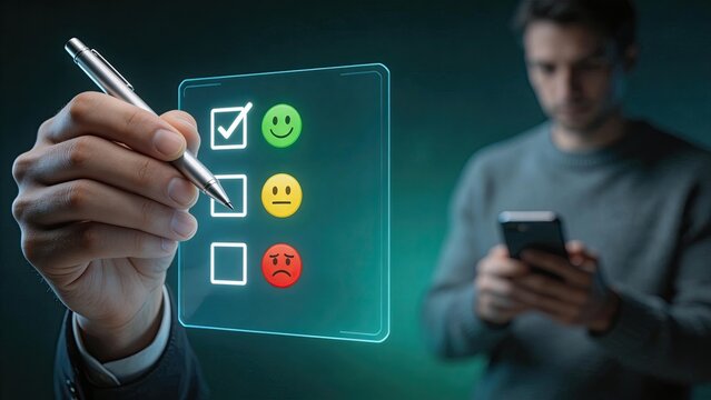 Hand holding pen selecting positive feedback on holographic screen with blurred man using smartphone in background representing customer satisfaction survey and digital rating