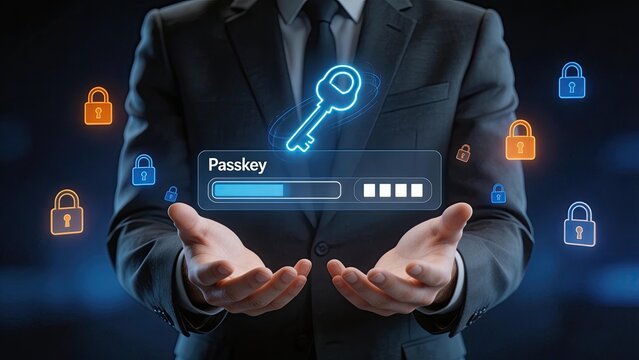 Businessman presenting futuristic passkey security interface digital key concept cyber protection data encryption holographic lock icons modern technology corporate safety secure