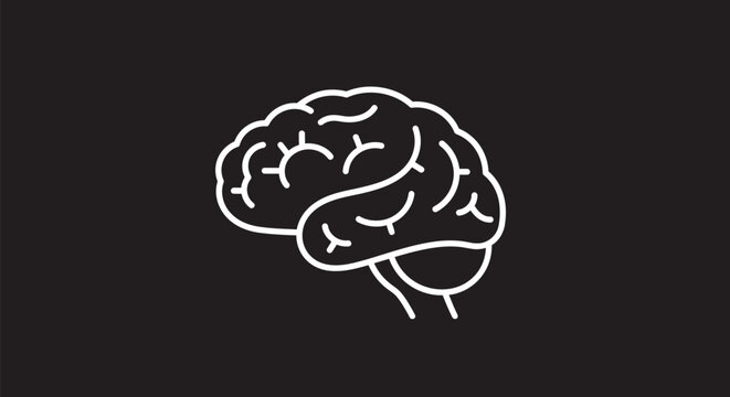 Simple White Brain Icon on Black Background for Conceptual Design.